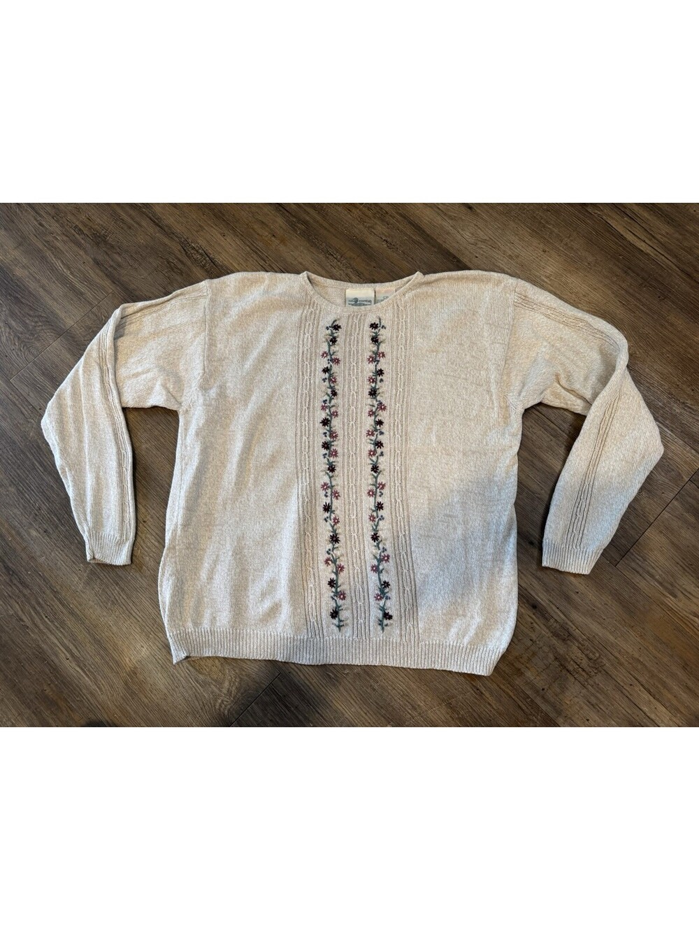 VTG Cottage Essentials Ivory Cream Floral Embroidery Granny Sweater Sz Lg